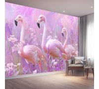 Papier Peint Intissé Aquarelle Fantaisie Prairie, 3D Papier peint panoramique Animal Flamant Rose pour Salon Chambre Bureau Couloir, Décoration Murale Rose 250x175 cm (LxH)