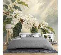 Papier Peint Intissé Botanique Vintage À Motif De Fleurs De Café 100 × 70 Cm Avec Peinture À L'Huile De Feuilles Vertes Grande Fresque Murale Tropicale À Motif Floral Idéale Pour Chambre Ou S