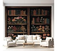 Papier Peint Intissé Botanique Vintage Peinture à l'huile Élégance victorienne Bibliothèque Composition florale 450x315cm Papier Peint Panoramique Grandes Décoration Murale pour Salon Chambre Fond TV