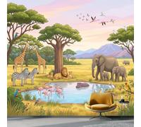 Papier Peint Intissé Dessin Animé Prairie, Papier Peint Photo Panoramique Animaux de Savane Ciel, Murale Coloré Décoration Pour Salon Chambre D'Enfants et Restaurant - 300x210 cm (LxH)