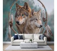 Papier Peint Intissé Fantaisie Attrape Rêves Papier Peint Panoramique | Animal Loup Tapisserie Mural 300x210 cm Pour Salon Chambre Chambre D'Enfant Décoration Murale