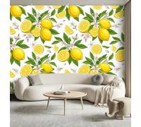 Papier Peint Intissé Fruit Feuille Fleurs, 350 x 256 cm Masion Décoration | Frais Cartoon Amovibles Papier Peint Panoramique pour Salon Chambre Canapé Décor Fond TV, Jaune Vert Imperméable Stickers