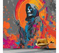 Papier Peint Intissé Gothique, Papier Peint Photo Panoramique Crâne Faucheuse Graffiti, Murale Orange Décoration Pour Salon Chambre D'Enfants et Restaurant - 350x256 cm (LxH)