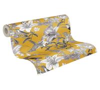 Papier peint intissé, motif jungle chic, fleurs, dimensions : 10,05 m x 0,53 m, couleurs : jaune, gris, noir