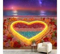 Papier Peint Intissé Panoramique 3D Romantique Ciel Étoilé, Pour Chambre et Salon, Tapisserie Murale Floral Forme Cœur Lumière Pierre Précieuse Plage Décoration Murale Wallpaper 350 x 256 cm