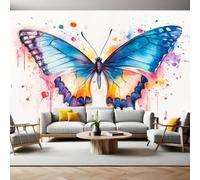 Papier Peint Intissé Panoramique Papillon aquarelle 300 x 210 cm Fresque Murale rose pour Salon Chambre Fond TV Décoration