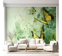 Papier Peint Intissé Papillons Éclats d'encre Vert mousse De Peinture au lavis Oriental Insecte Dégradé Panoramique Fresque Murale, Panoramique Pour Salon Chambre Fond Tv Décoration -350x256cm
