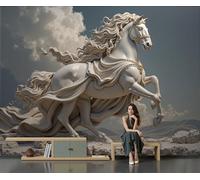 Papier Peint Intissé Sculpture De Cheval Classique En 3D, Papier Peint Panoramique Animaux Grecs Rétro Bleu-Gris Pour Salon Chambre, Déco Fresque Murale Maison, Décoration Photo Murale 200X140Cm