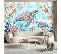 Papier Peint Intissé Tortue Marine Étoile De Mer Carte, 250 x 175 cm | Vintage Nautique Amovibles Papier Peint Panoramique pour Salon Chambre Canapé Décor Fond TV, Bleu Brun Imperméable Stickers