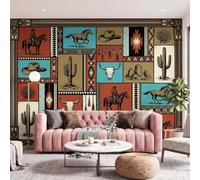 Papier Peint Intissé Vintage Denim Panoramique Mural | Aztèque Patchwork géométrique Papier Peint Panoramique 350 x 256 cm, Décoration Fresque Murale Salon Chambre Coucher