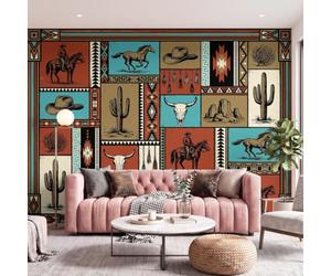 Papier Peint Intissé Vintage Denim Panoramique Mural | Aztèque Patchwork géométrique Papier Peint Panoramique 150 x 105 cm, Décoration Fresque Murale Salon Chambre Coucher