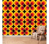 Papier Peint Intissé Vintage Memphis Poster Tableaux, 150 x 105 cm (LXH) | Cercles Concentriques Géométrique Papier Peint Panoramique Pour Salon Chambre, Orange Jaune Facile à essuyer Décora Murale