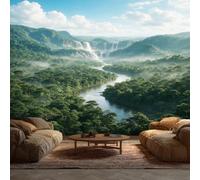 Papier Peint Jungle, Tapisserie Murales Intissé | Panoramique Forêt Tropicale Rivière 3D Grandes poster Mural Photo, Chambre, Salon, Décoration Murale 400 x 280 cm
