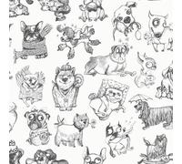Papier peint monochrome amusant sur le thème des chiens Pooches en noir et blanc Muriva 102577