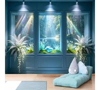 Papier peint mural 3D bleu encadré avec vue sur le lac avec lumière arc-en-ciel vive Papier peint autocollant (sans PVC) amovible pour salon