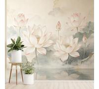 Papier Peint Mural Aquarelle Fleur De Lotus Art Floral Botanique Oriental Intissé Élégant et Minimaliste Effet Lavis D'Encre Couleur Beige et Gris 300 X 210 Cm Revêtement Mural pour Salon et Cha