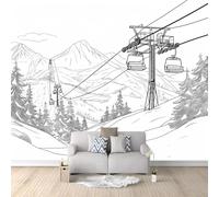 Papier Peint Mural Chambre Dessin D'Esquisse Remontées Mécaniques Montagne 300x210 cm Poster Geant Mural 3D Tableaux Muraux Tapisserie Photo, Salon Chambre d'enfants Mur de Fond Papier Peint