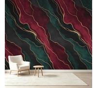 Papier peint mural de taille personnalisée - Aquarelle abstraite - Lignes en feuille d'or - Texture bordeaux et vert émeraude - Tissu mural autocollant amovible - Grand papier peint pour salon