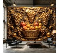Papier peint mural de taille personnalisée - Corbeille de fruits baroque dorée - Raisins - Grenade - Pêches - Texture en relief - Tissu mural auto-adhésif amovible - Décoration murale pour salon et