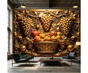 Papier peint mural de taille personnalisée - Corbeille de fruits baroque dorée - Raisins - Grenade - Pêches - Texture en relief - Tissu mural auto-adhésif amovible - Décoration murale pour salon et