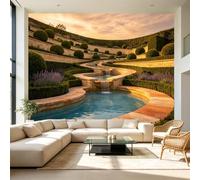 Papier peint mural de taille personnalisée, paysage serein, fontaine, coucher de soleil, murs en pierre, tissu autocollant amovible, grand papier peint pour salon, chambre à coucher, bureau