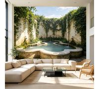 Papier peint mural de taille personnalisée - Style vintage - Paysage de jardin - Fontaine en pierre - Lierre - Tissu mural autocollant amovible - Grand papier peint pour salon, chambre à coucher