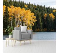 Papier peint mural de taille personnalisée, support doré au bord du lac de bouleau, revêtement mural autocollant amovible activé par l'eau, grand papier peint photo pour salon, chambre à coucher