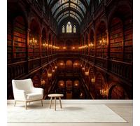 Papier peint mural de taille personnalisée vintage bibliothèque intérieure Dark Academia Architecture Bibliothèque Candélabre Tissu mural autocollant amovible Grand papier peint Décoration murale pour