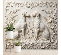 Papier Peint Mural Intissé De Luxe Européen Motif Animal Sculpté 3D Sculpture Florale et Végétale Avec Deux Lévriers Blancs Décoration Murale Idéale pour Le Salon La Chambre ou Le Mur Tv Dim