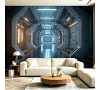 Papier Peint Mural Intissé Station Spatiale Futuriste Couloir SF Papier Peint Panoramique Photo Poster 400 x 280 cm Pour Salon Chambre D'Enfant Décoration Murale Bleu
