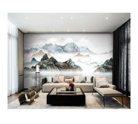 Papier Peint Mural Intissé Style Paysage Oriental Moderne Imprimé À L'Encre De Chine Minimaliste Motif Montagneux Vert Et Gris 350 X 256 Cm Idéal Pour Décorer Les Murs Du Salon Du Mur Tv Du Coi