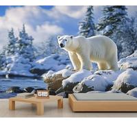 Papier peint mural ours polaire avec scène de neige d'hiver et animaux sauvages - Décoration murale panoramique pour bureau, réception - Toile de fond pour studio - Papier peint photo personnalisé