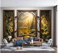Papier Peint Mural Salon - Forêt fantastique rétro - 450x315cm Papier Peint Panoramique soie Moderne, Fenêtres en bois lumière du soleil forêt Décoration Murale 3D Tapisserie Photo Vert olive