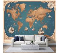 Papier Peint Nautique Vintage 450L x 315H cm, Traditionnelle Carte du Monde Turquoise Océan Photo Muraux Art pour Salon Chambre Bureau, Turquoise Décor Peinture Murale Papier Peint Panoramique
