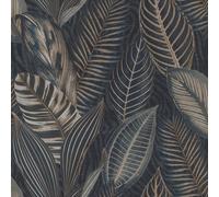 Papier peint non tissé avec de grandes feuilles, dans les tons bleu et or - 10,05 m x 0,53 m