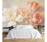 Papier peint non tissé avec des tulipes roses et crème