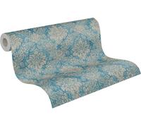 Papier peint non tissé avec un motif floral et un effet métallisé, dans les tons bleu, marron et argent, dimensions : 10,05 m x 0,53 m