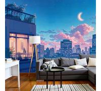 Papier Peint Nuages Croissant De Lune Bâtiments De La Ville 400x280cm Panoramique Soie Murale Style Anime Japonais Papier Peint XXL Fresque Murale Peinture Décorative Pour Salon Chambre, Bleu