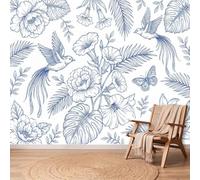 Papier Peint Oiseau Fleurs Feuille, 150 x 105 cm Facile à nettoyer Mural | Blanc Bleu Papier Peint Intissé Panoramique Murale Chambre Salon Bureau Decoration, Style Chinois Minimaliste Non collé Mural