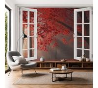 Papier Peint Ouverture Fenêtre Simulation 3D, Papier Peint Panoramique Royaume Secret Feuille D'Érable Rouge, Soie Poster Murale pour Salon Chambre d'Enfant Bureau Décoration Murale,200x140cm