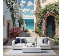 Papier Peint Panoramique 300x210cm (LxH), Visuel 3D Papier Peint photo Intissé Tapisserie Poster Mural pour Salon Chambre Décoration Murale, Village Côtier Style Grec Méditerranéen