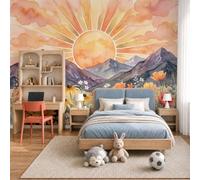 Papier Peint Panoramique 300X210Cm Montagnes La Mer Des Fleurs Bohême Orange Papier Peint Intissé Tapisserie Poster Décoration Murale Pour Chambre Enfant, Salon Chambre - Paysage Rétro-Soleil