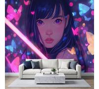 Papier Peint Panoramique 300x210cm, Original Anime Papier Peint photo Tapisserie Poster Mural pour Salon Chambre Décoration Murale, Fille Cheveux Bleus Yeux Violets Sabre Laser Adolescent Thème Gaming