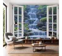 Papier Peint Panoramique 3D 300x210cm Papier Peint Cascade En Dalles De Pierre Tapisserie Poster Geant Mural Fontaine D'Inspiration Zen Japonaise pour Salon Chambre Décoration Murale, Gris-Vert