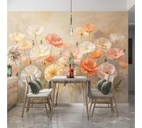 Papier Peint Panoramique 3D Aquarelle Coquelicots 159 X 280 Cm Papier Peint Photo Panoramique Intissé, Style Vintage Orange Et Crème, Motif Floral, Pour Chambre Ou Salon, Décoration Murale Artistique