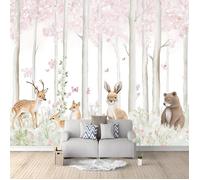 Papier Peint Panoramique 3D Aquarelle Forêt Cerf Renard Ours Fleurs 350x256cm Murale pour Salon Chambre d'enfants restaurant Murale
