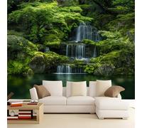 Papier Peint Panoramique 3D Cascade de Jardin Japonais Papier Peint Intissé Tapisserie Poster Mural Vert pour Salon Chambre Décoration Murale 400x280cm