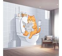 Papier Peint Panoramique 3D Gris Clair Dessin Animé Chat 350 x 256 cm | Toilettes Journal Salle De Bain Carreaux Papier Peint Intissé pour Chambre Salon Cuisine Haute Qualité Papiers Peints Murale