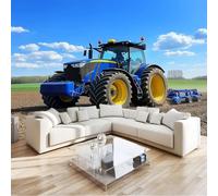 Papier Peint Panoramique 3D, Intissé Photo Mural Tracteur Agricole Moderne Poster pour Salon Chambre Mur de fond Chambre des Enfants Bureau Bleu Décoration de Maison 200 x 140 CM