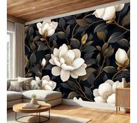 Papier Peint Panoramique 3D Soie Thème Des Plantes Et Des Fleurs,200×140 Cm Murales Panoramique Fleurs Et Feuilles De Magnolia Blanc Pour Salon, Chambre D'Enfants, Restaurant Décoration,Vert Olive